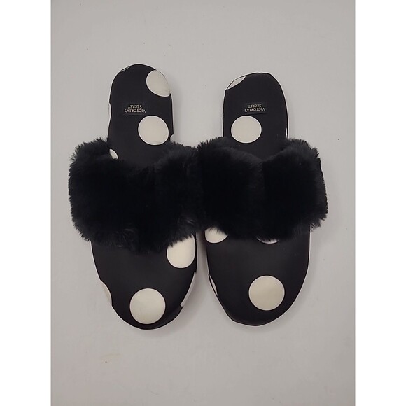 Victorias Secret Slippers Shoes  Size 5/6 Satin Faux Fur Trim Polka Dot - Picture 1 of 9